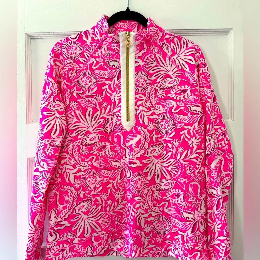 Lilly Pulitzer Pink and White Floral Quarter-Zip Pullover